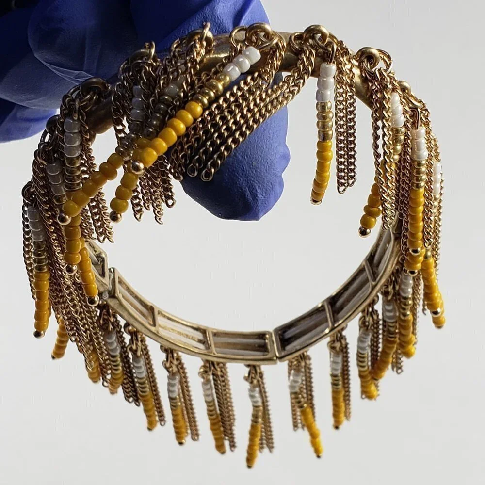 Boho Gold Tone Stretch Bracelet Yellow & White Beaded Fringe – Statement Jewelry